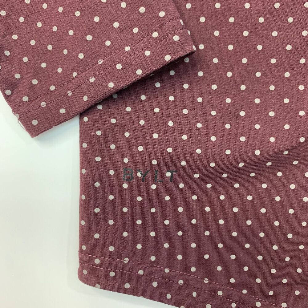 BYLT Shirt Mens L Large Maroon Grey Polka Dot Drop Cut Long Sleeve Crew Stretch - Picture 3 of 10